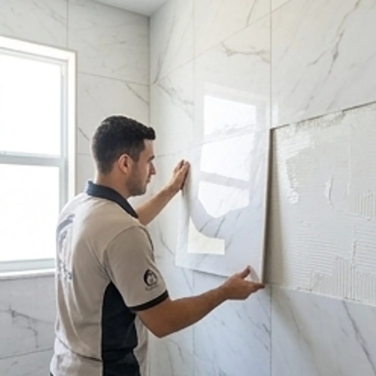 worker installing tiles on a bathroom wall